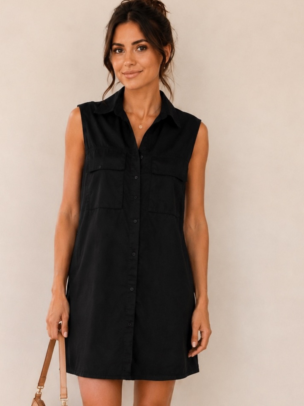 Zara Utility Shirt Mini Dress Sleeveless Black Medium Cargo Pocket Minimalist